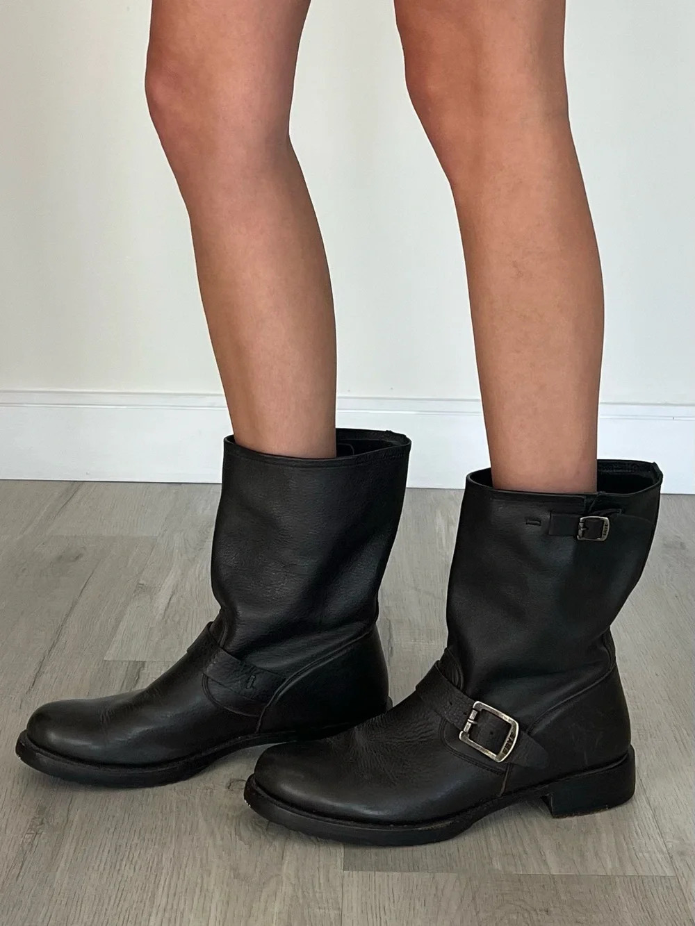 Frye Dark Brown Leather Engineer Boot with Buckle Accent